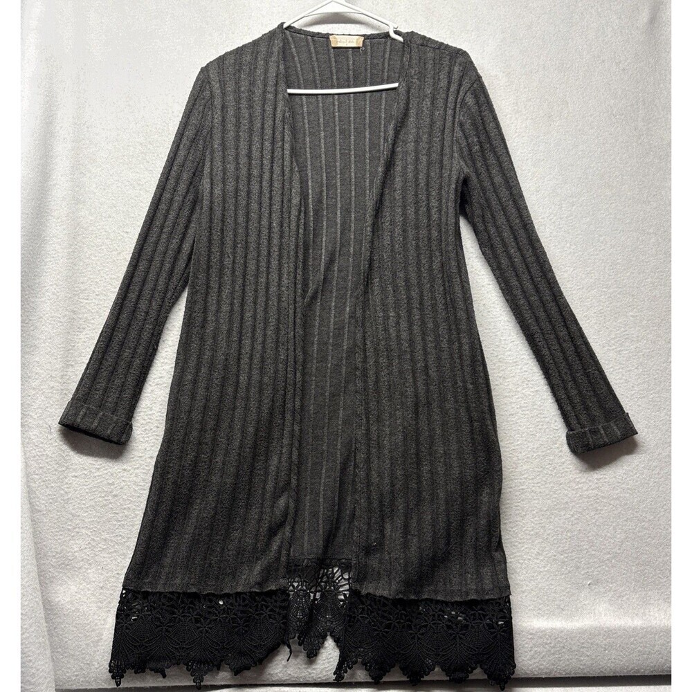 Altar'd State Gray Ribbed Lace Trim Open Front Cardigan Long Sleeve Boho Small